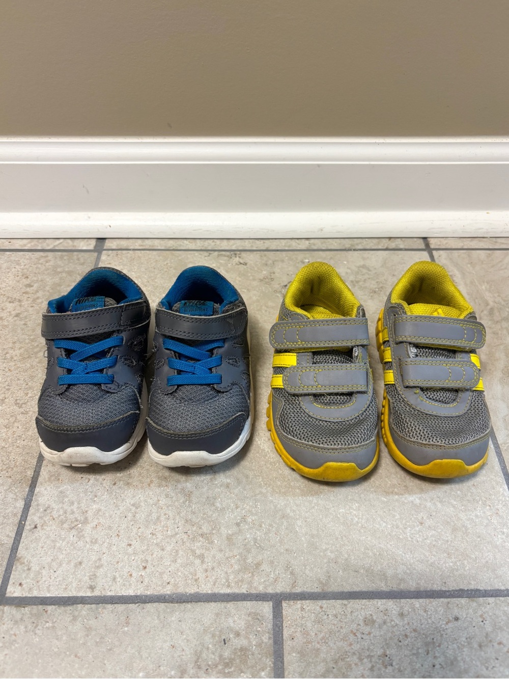 (2 Piece) Baby Boys Nike + Adidas Active Athletic Shoes Size 6 Gray Blue Yellow